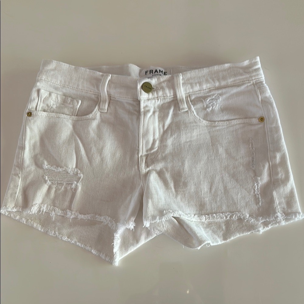 Frame Denim White Distressed Jean Shorts